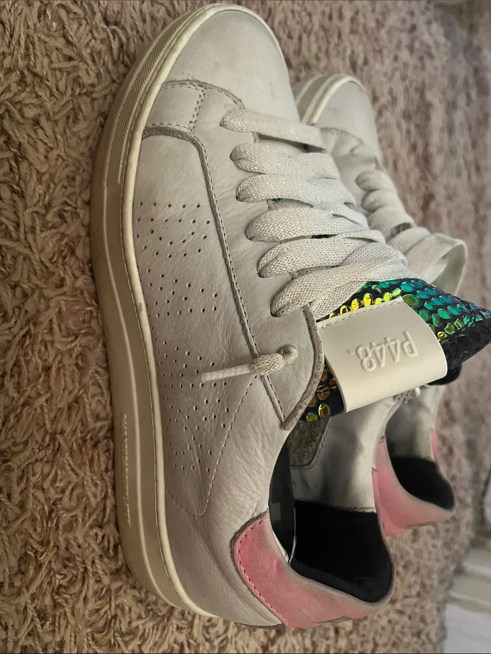 P448 White Leather Sneakers with Iridescent Green-Gold Tongue